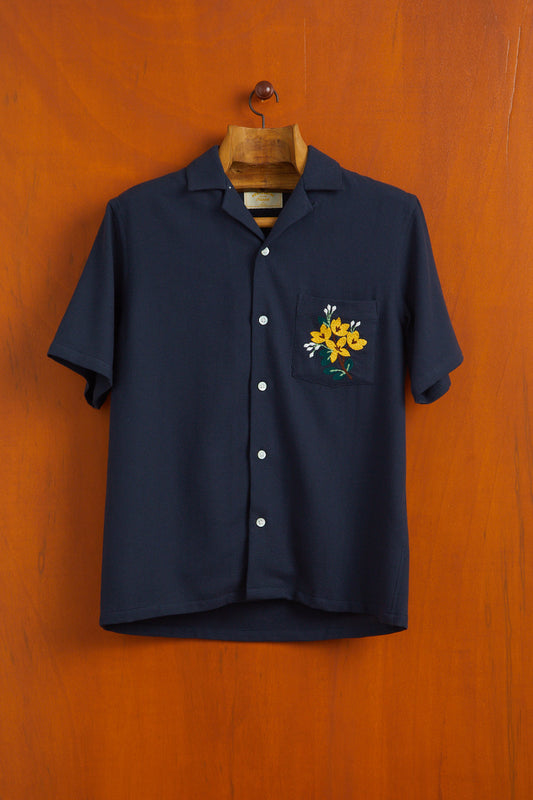 Portuguese Flannel Pique Embroidery Flowers Shirt Navy
