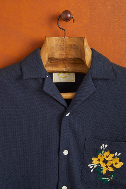 Portuguese Flannel Pique Embroidery Flowers Shirt Navy
