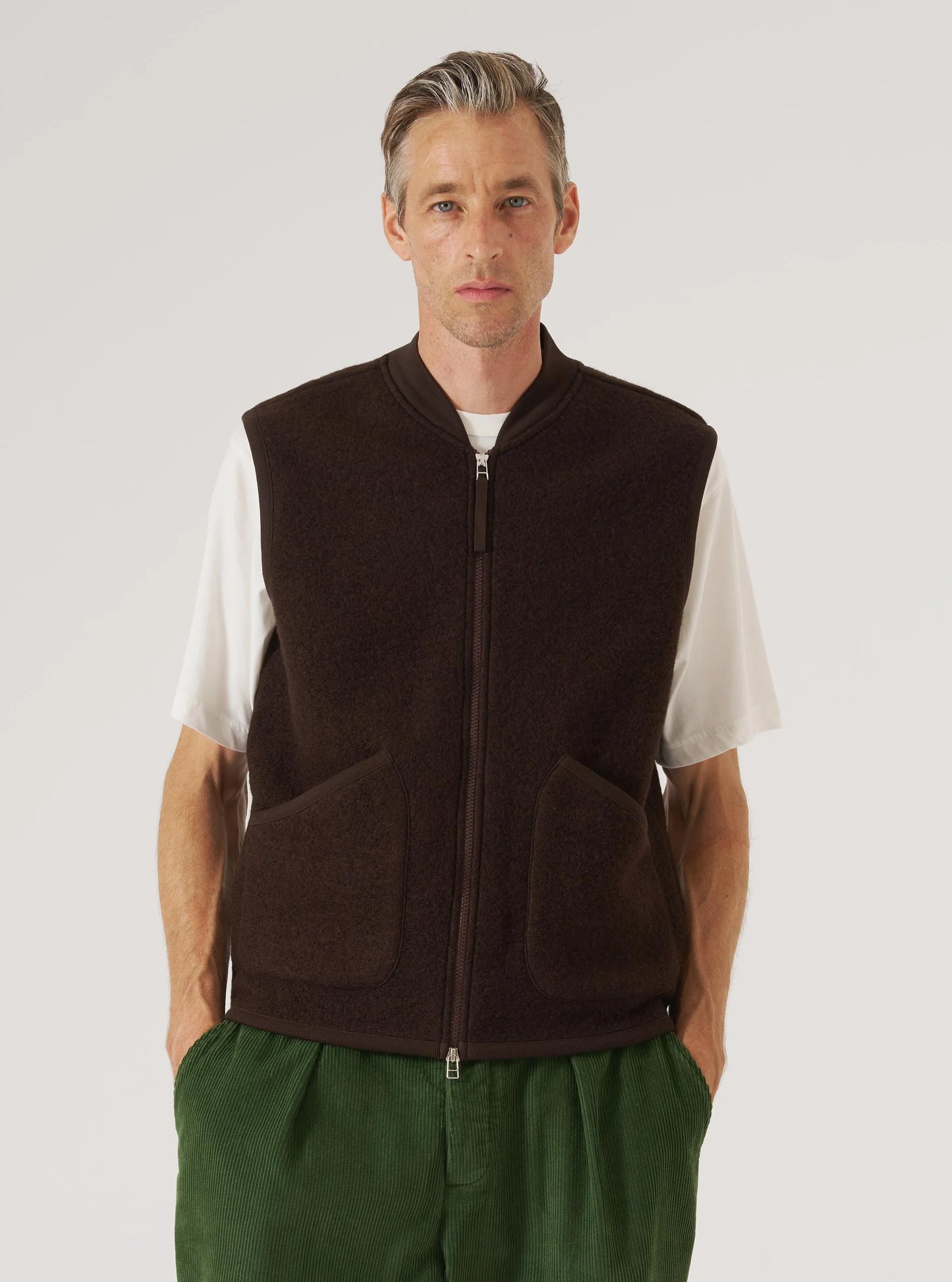 Universal Works Wool Fleece Zip Waistcoat Brown