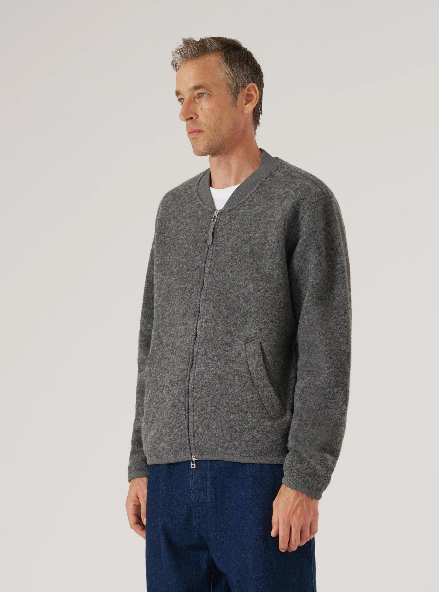 Universal Works Wool Fleece Zip Bomber - Grey Marl