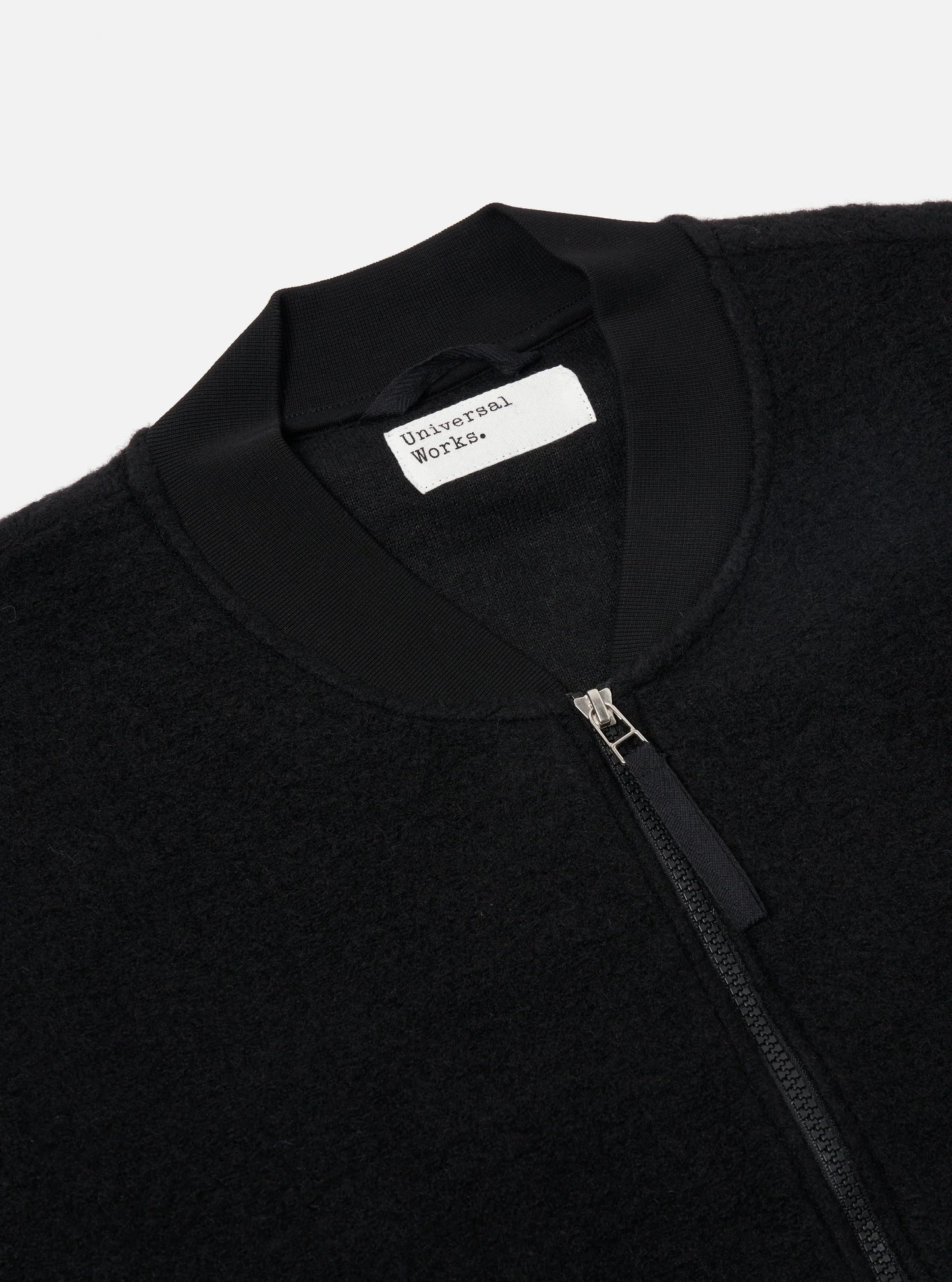 Universal Works Zip Bomber in Black Wool Fleece