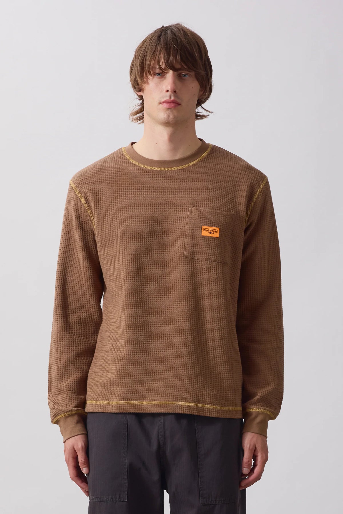 Service Works Waffle Contrast Thermal Long Sleeve Tee - Brown/Yellow
