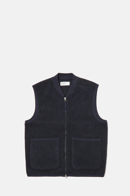 Universal Works Zip Waistcoat in Navy Wool Fleece