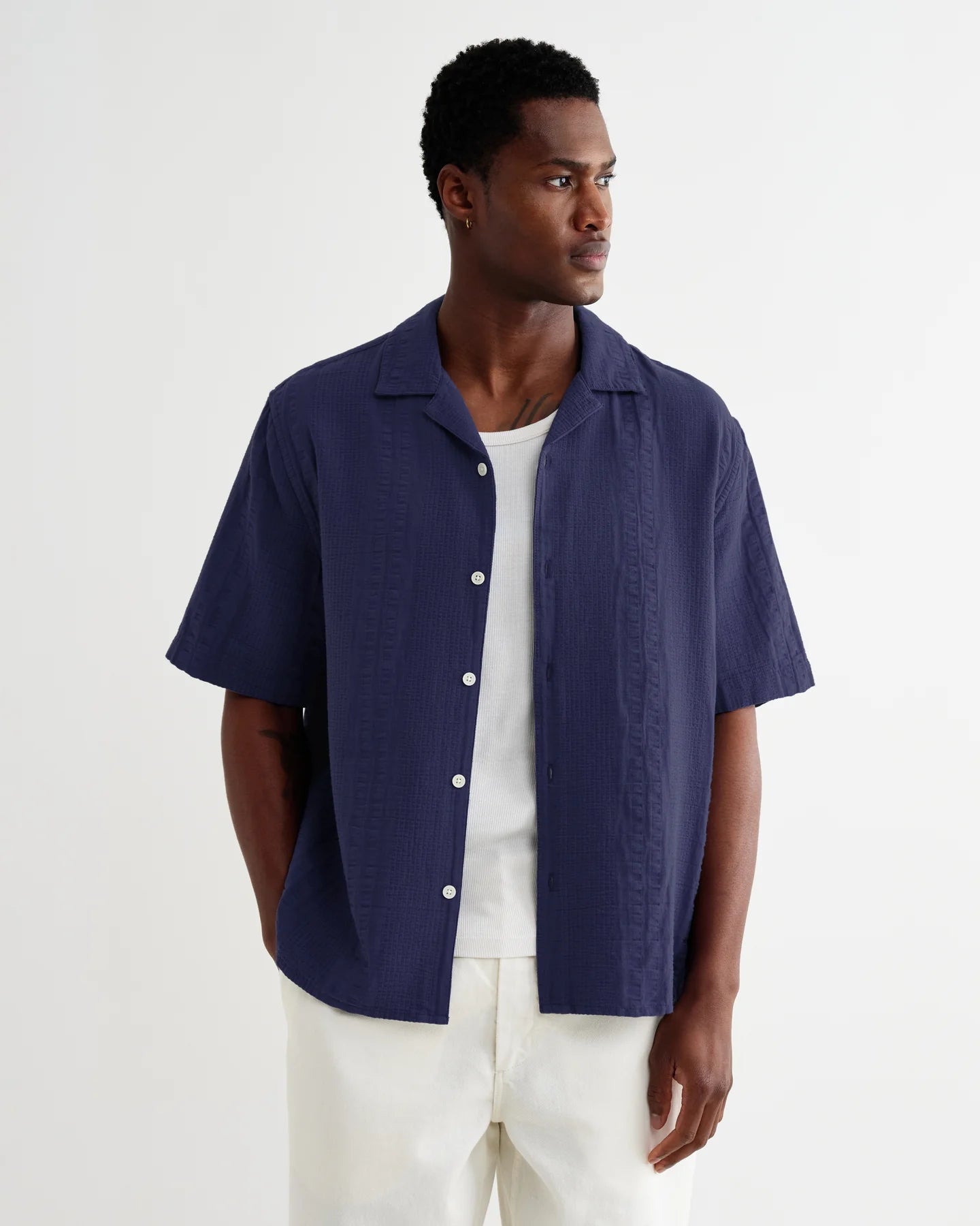Wax London Didcot Dark Blue Double-Weave Seersucker Short-Sleeve Shirt
