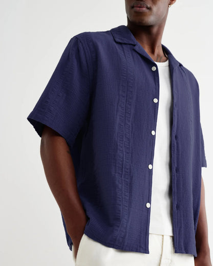 Wax London Didcot Dark Blue Double-Weave Seersucker Short-Sleeve Shirt