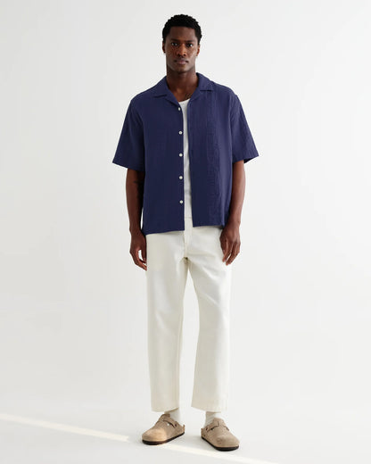 Wax London Didcot Dark Blue Double-Weave Seersucker Short-Sleeve Shirt