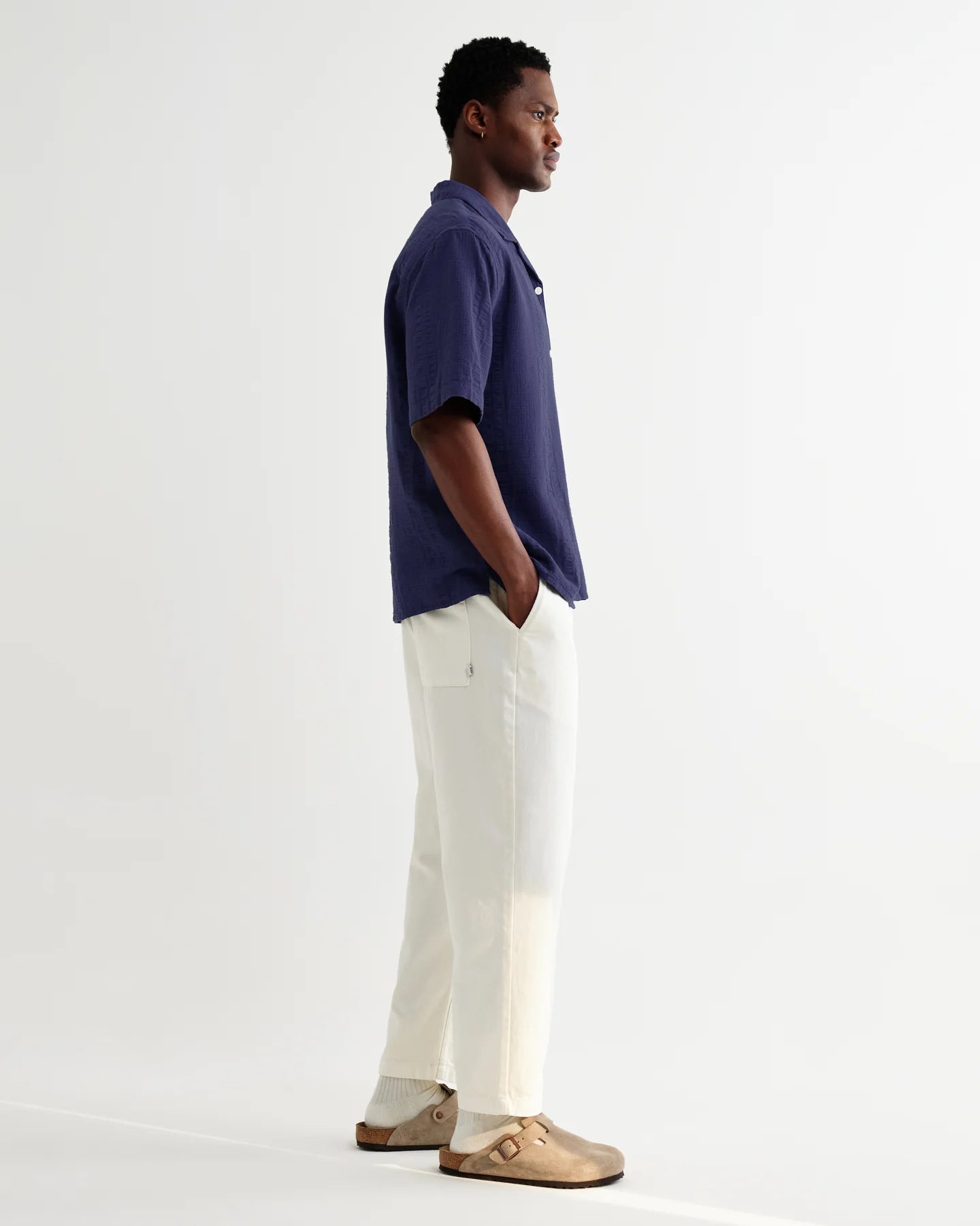 Wax London Didcot Dark Blue Double-Weave Seersucker Short-Sleeve Shirt
