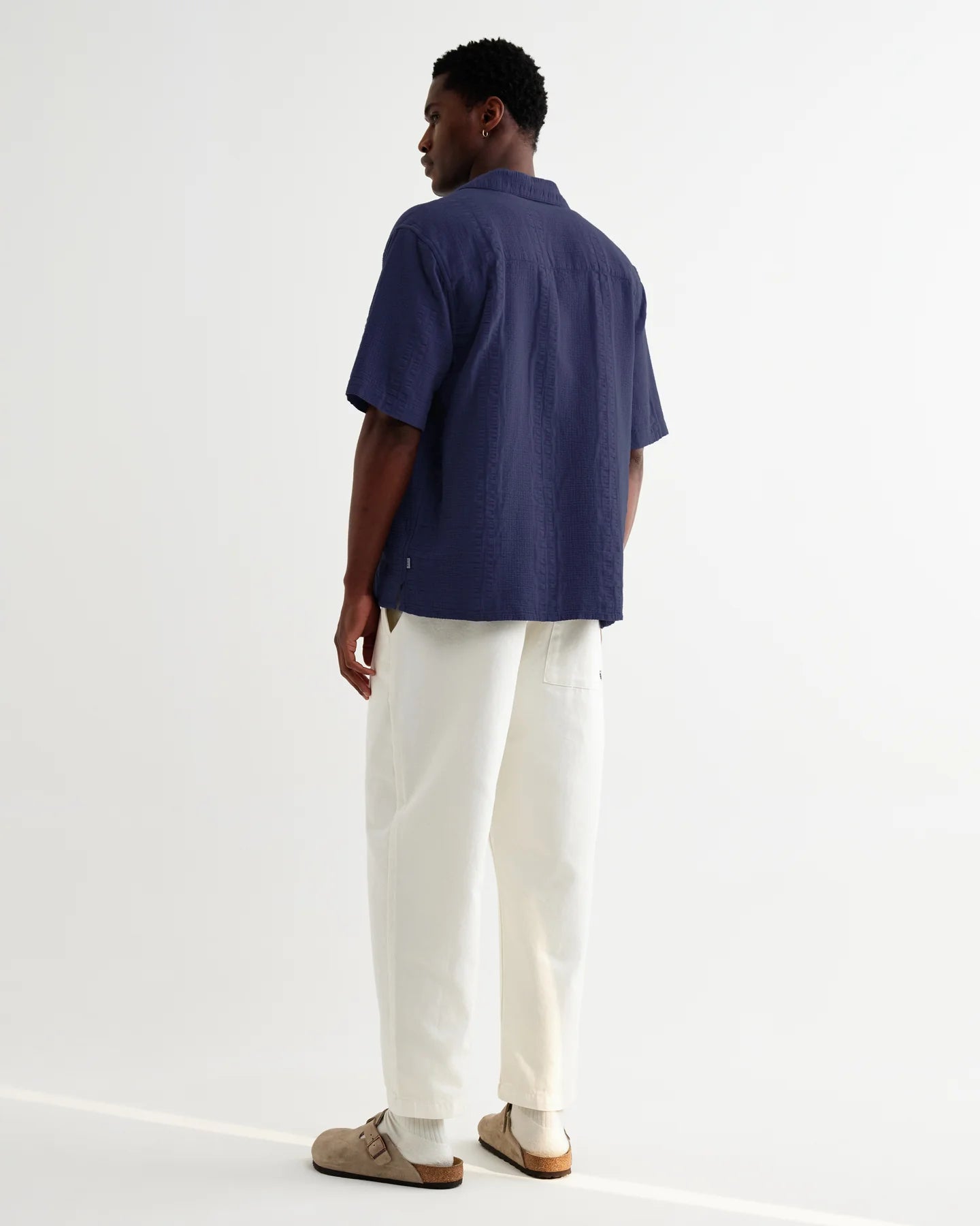 Wax London Didcot Dark Blue Double-Weave Seersucker Short-Sleeve Shirt
