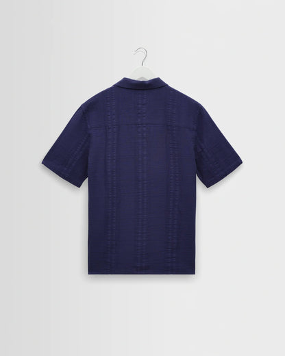 Wax London Didcot Dark Blue Double-Weave Seersucker Short-Sleeve Shirt