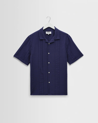 Wax London Didcot Dark Blue Double-Weave Seersucker Short-Sleeve Shirt