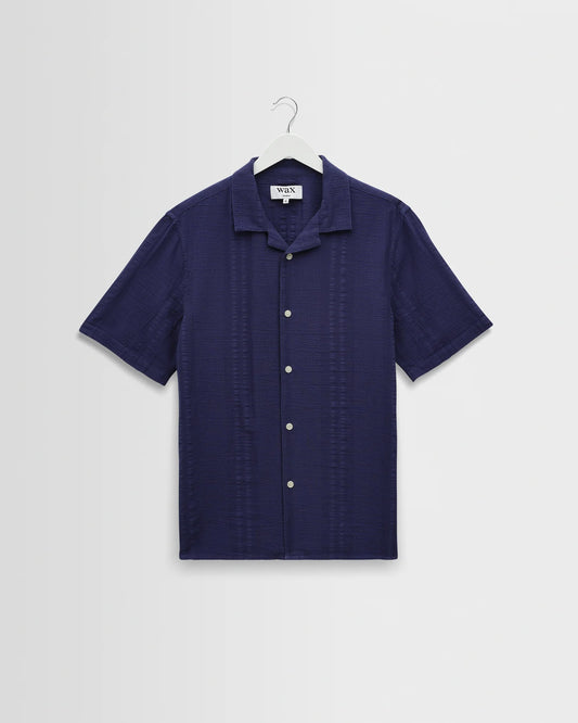 Wax London Didcot Dark Blue Double-Weave Seersucker Short-Sleeve Shirt