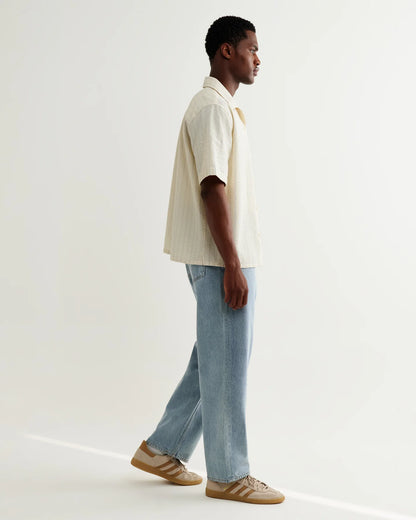 Wax London Didcot - Ecru And Blue Seersucker Stripe Short-Sleeve Shirt