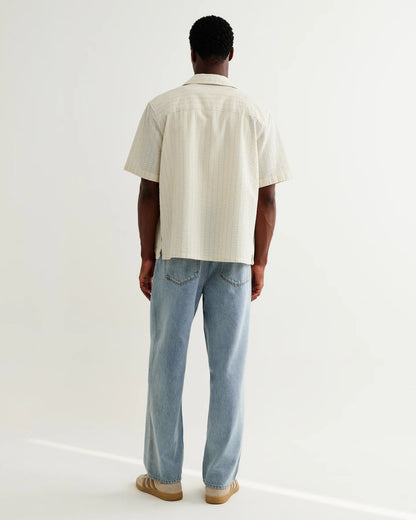 Wax London Didcot - Ecru And Blue Seersucker Stripe Short-Sleeve Shirt