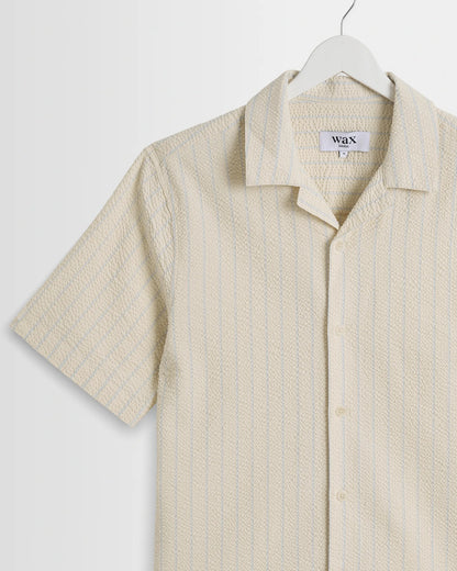 Wax London Didcot - Ecru And Blue Seersucker Stripe Short-Sleeve Shirt