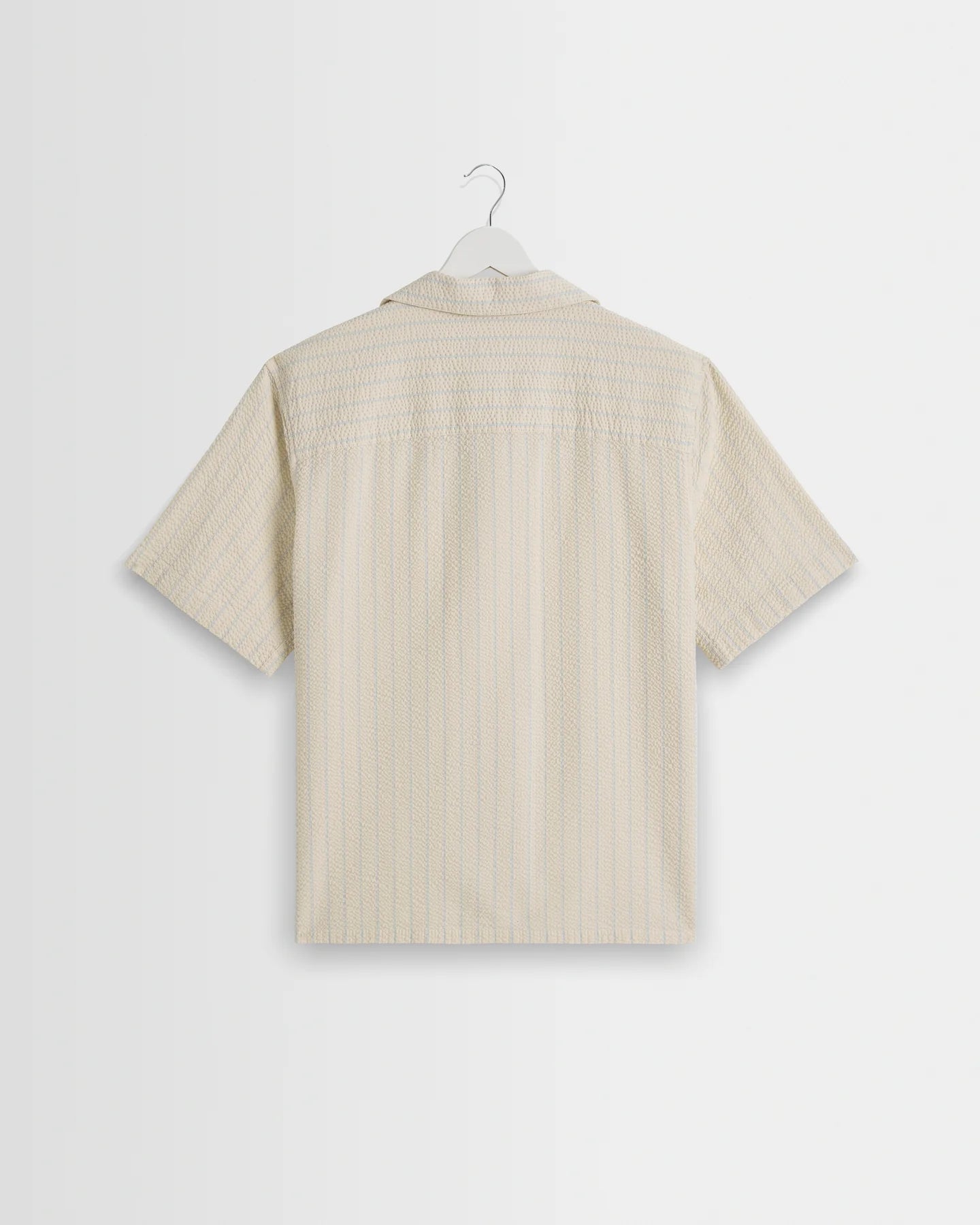 Wax London Didcot - Ecru And Blue Seersucker Stripe Short-Sleeve Shirt