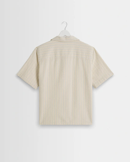 Wax London Didcot - Ecru And Blue Seersucker Stripe Short-Sleeve Shirt
