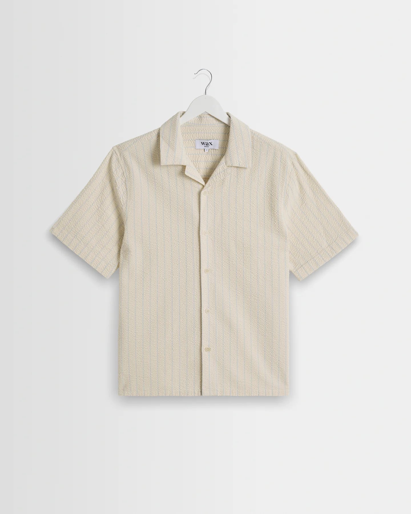 Wax London Didcot - Ecru And Blue Seersucker Stripe Short-Sleeve Shirt