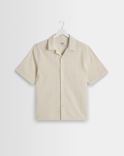 Wax London Didcot - Ecru And Blue Seersucker Stripe Short-Sleeve Shirt