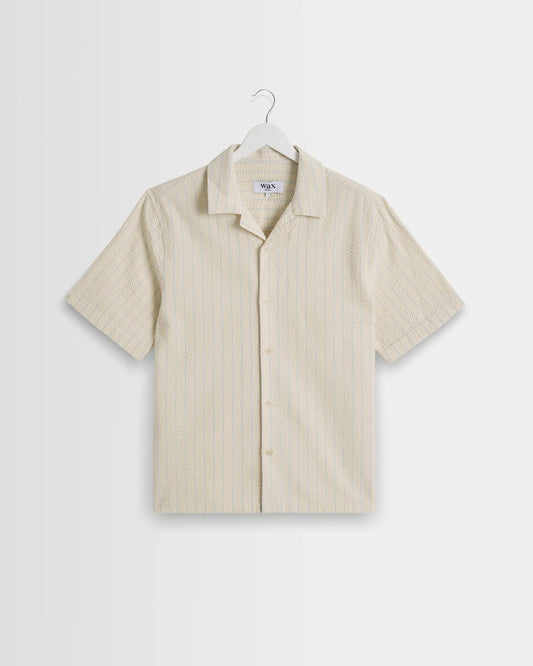 Wax London Didcot - Ecru And Blue Seersucker Stripe Short-Sleeve Shirt