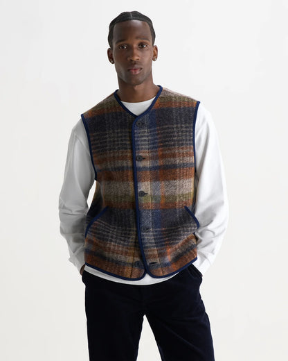 Wax London Gower - Oatmeal And Multicolour Check Wool Gilet