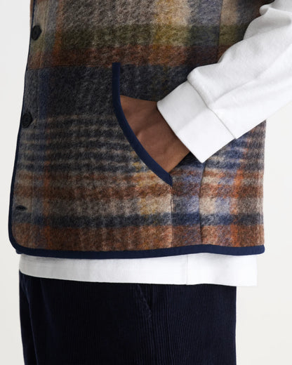 Wax London Gower - Oatmeal And Multicolour Check Wool Gilet