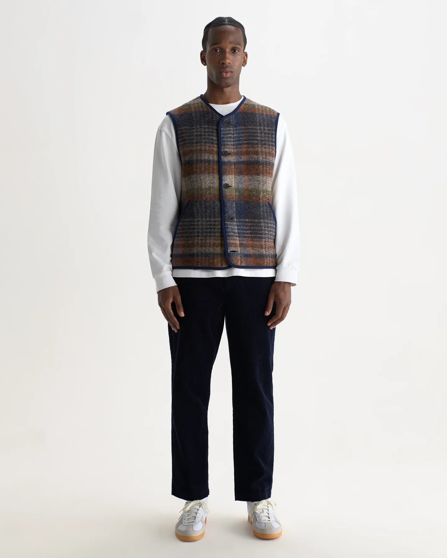 Wax London Gower - Oatmeal And Multicolour Check Wool Gilet