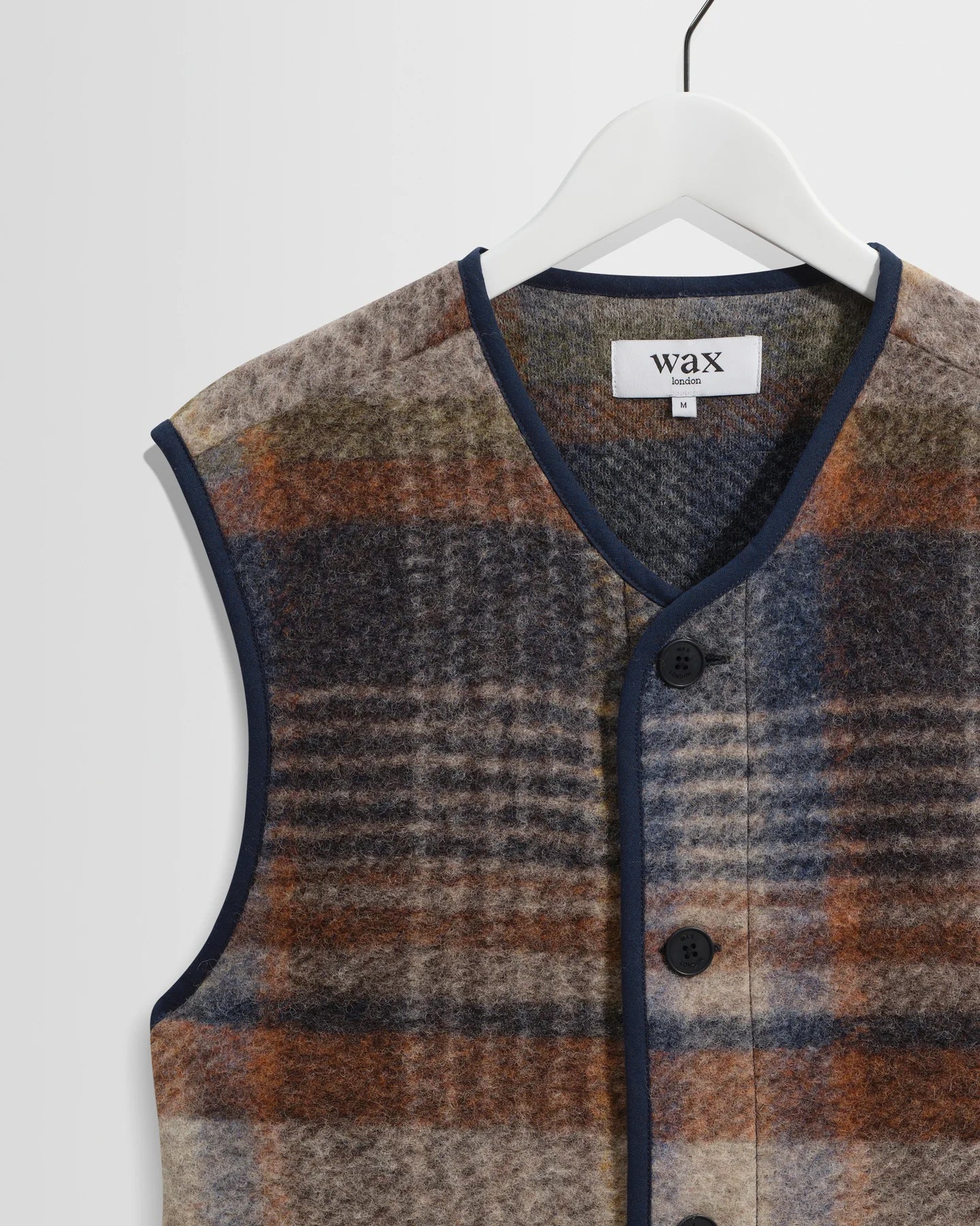 Wax London Gower - Oatmeal And Multicolour Check Wool Gilet
