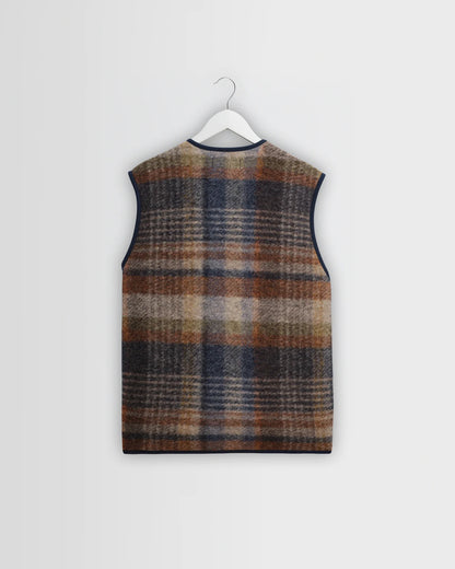 Wax London Gower - Oatmeal And Multicolour Check Wool Gilet