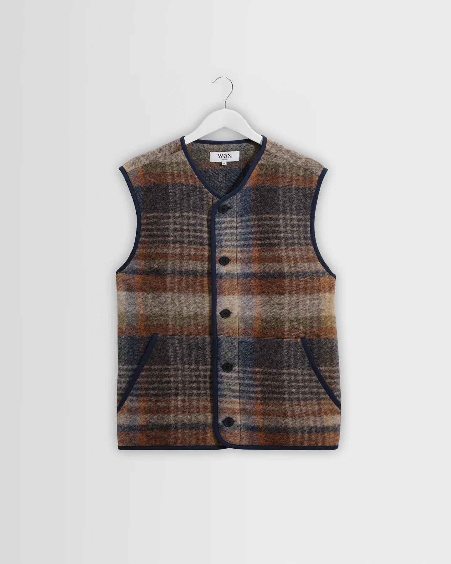 Wax London Gower - Oatmeal And Multicolour Check Wool Gilet