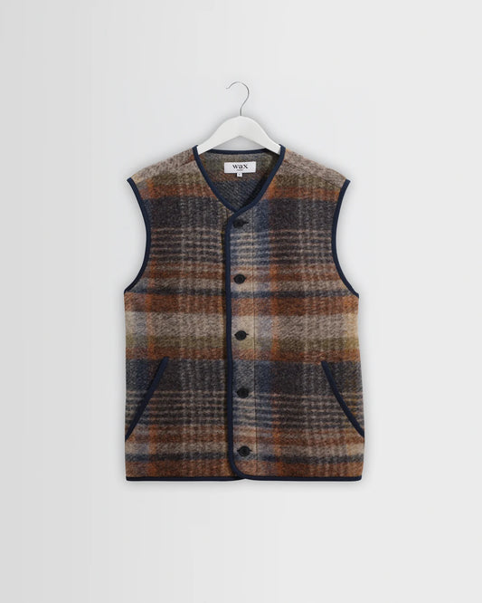 Wax London Gower - Oatmeal And Multicolour Check Wool Gilet