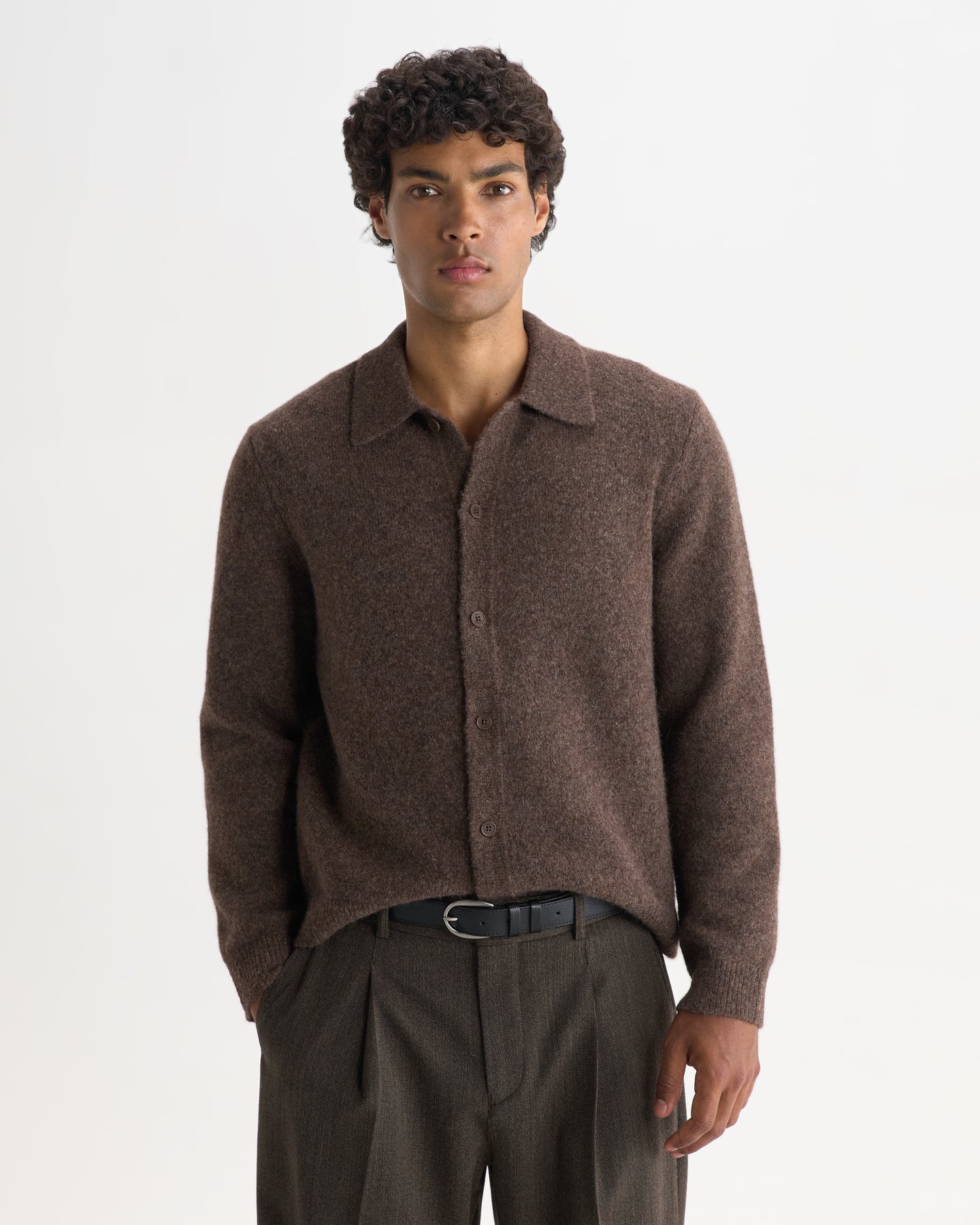 Wax London Tristan - Chocolate Brown Fluffy Long-Sleeve Knitted Polo