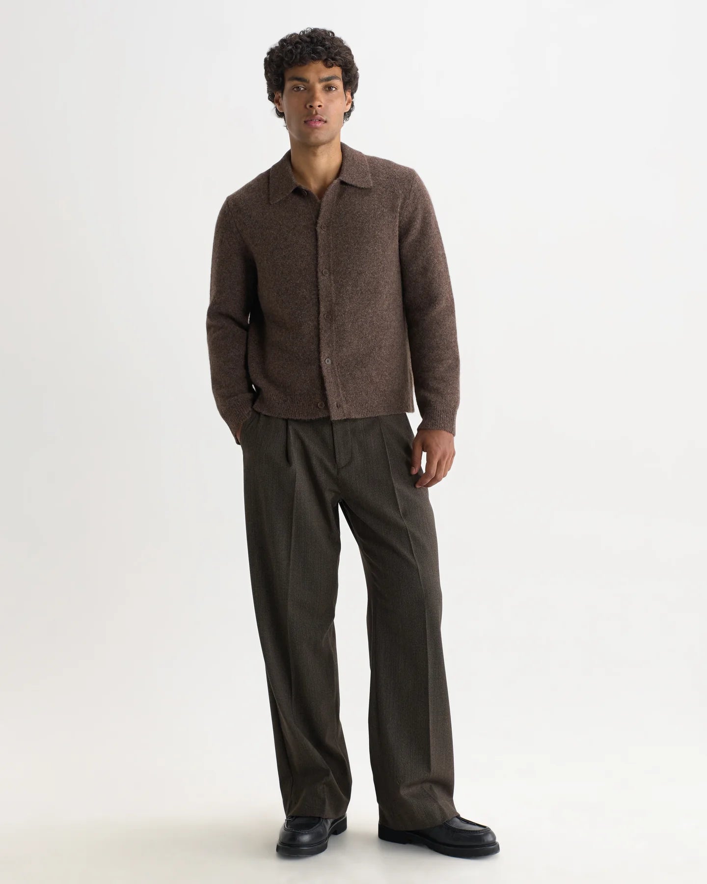 Wax London Tristan - Chocolate Brown Fluffy Long-Sleeve Knitted Polo