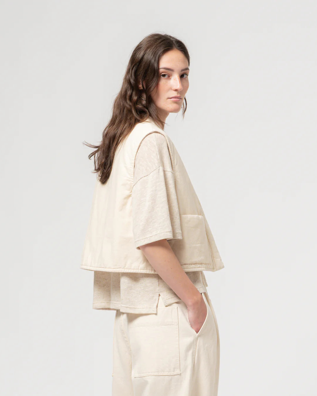 Girls of Dust Cork Cropped Padded Vest - Ecru